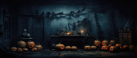 Halloween spooky background, scary pumpkins with smoke in old big creepy Happy Haloween ghosts horror house inside big empty foggy room. Creepy october dark smoky mysterious night backdrop concept.の素材