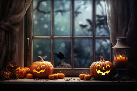 Happy Halloween background spooky scene, creepy dark night with jack o lantern pumpkins spooky ghosts horror gothic evil mysterious night haunted haloween house backdrop.の素材