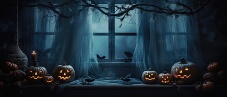 Halloween spooky background, scary pumpkins with smoke in old big creepy Happy Haloween ghosts horror house inside big empty foggy room. Creepy october dark smoky mysterious night backdrop concept.の素材