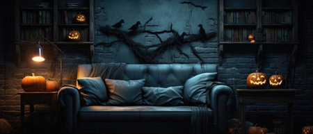 Halloween spooky background, scary pumpkins with smoke in old big creepy Happy Haloween ghosts horror house inside big empty foggy room. Creepy october dark smoky mysterious night backdrop concept.の素材