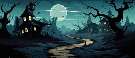 Happy Halloween background spooky scene, creepy dark night with moon, pumpkins and spooky trees on graveyard ghosts horror gothic evil cemetery landscape. Mysterious night moonlight backdrop.の素材