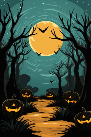 Happy Halloween background spooky scene, creepy dark night with moon, pumpkins and spooky trees on graveyard ghosts horror gothic evil cemetery landscape. Mysterious night moonlight backdrop.の素材