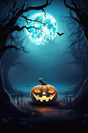 Halloween spooky background, scary jack o lantern pumpkins in creepy dark forest with bats, spooky trees and moon, Happy Haloween ghosts horror gothic mysterious night moonlight backdrop.の素材