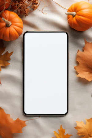 Phone mock up white empty blank screen template Happy Halloween pumpkins background, Thanksgiving mobile digital online shopping cellphone app sale promotion offer application ads, smartphone mockup.の素材