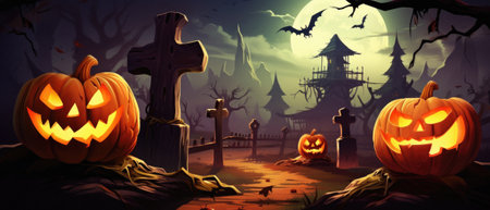 Happy Halloween background spooky scene, creepy dark night with moon, pumpkins and spooky trees on graveyard ghosts horror gothic evil cemetery landscape. Mysterious night moonlight backdrop.の素材