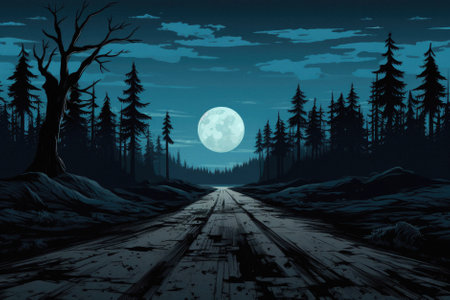 Happy Halloween spooky scary moon night scene horror landscape background. Creepy dark forest woods trees, moon and Happy Haloween ghosts gothic mysterious sky moonlight gloomy scenery backdrop.の素材