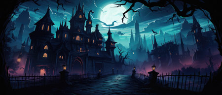 Happy Halloween spooky scary moon night scene horror landscape background. Creepy dark forest woods trees, moon and Happy Haloween ghosts gothic mysterious sky moonlight gloomy scenery backdrop.の素材