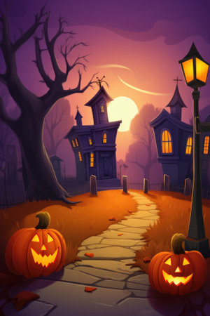 Happy Halloween background spooky scene, creepy dark night with moon, pumpkins and spooky trees on graveyard ghosts horror gothic evil cemetery landscape. Mysterious night moonlight backdrop.の素材