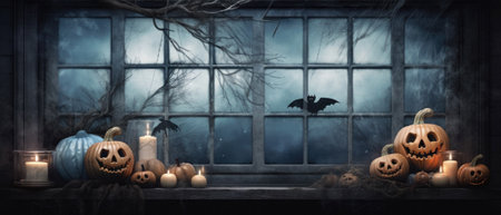 Halloween spooky background, scary pumpkins with smoke in old big creepy Happy Haloween ghosts horror house inside big empty foggy room. Creepy october dark smoky mysterious night backdrop concept.の素材