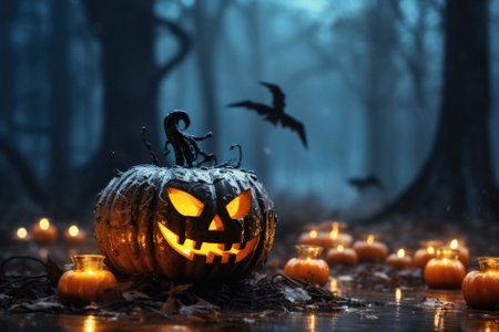 Halloween spooky background, scary jack o lantern pumpkins in creepy dark forest with bats, spooky trees and moon, Happy Haloween ghosts horror gothic mysterious night moonlight backdrop.の素材