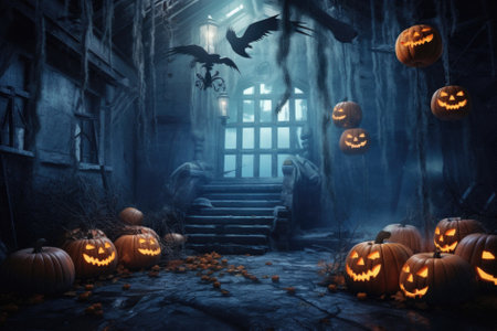 Halloween spooky background, scary pumpkins with smoke in old big creepy Happy Haloween ghosts horror house inside big empty foggy room. Creepy october dark smoky mysterious night backdrop concept.の素材