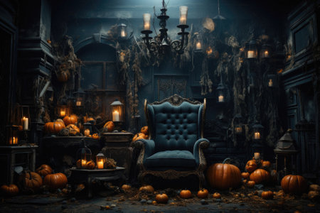 Halloween spooky background, scary pumpkins with smoke in old big creepy Happy Haloween ghosts horror house inside big empty foggy room. Creepy october dark smoky mysterious night backdrop concept.の素材