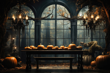 Happy Halloween background spooky scene, creepy dark night with jack o lantern pumpkins spooky ghosts horror gothic evil mysterious night haunted haloween house backdrop.の素材