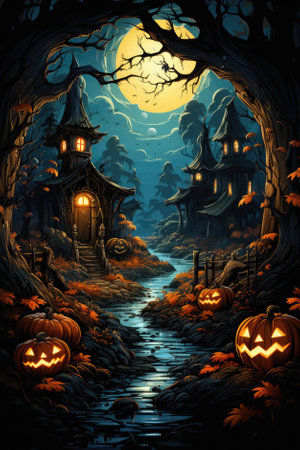 Happy Halloween background spooky scene, creepy dark night with moon, pumpkins and spooky trees on graveyard ghosts horror gothic evil cemetery landscape. Mysterious night moonlight backdrop.の素材