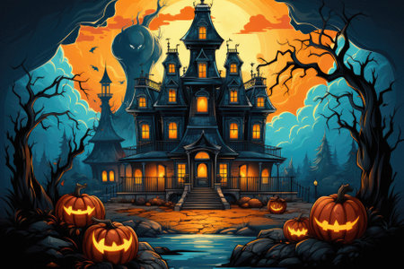 Happy Halloween background spooky scene, creepy dark night with moon, pumpkins and spooky trees on graveyard ghosts horror gothic evil cemetery landscape. Mysterious night moonlight backdrop.の素材