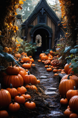 Halloween spooky background, scary jack o lantern pumpkins in creepy dark Happy Haloween ghosts horror mysterious night village street garden with old haunted house mystic backdrop.の素材