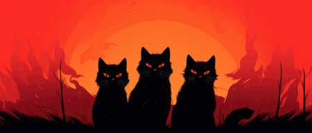 Black cute adorable cat cartoon pet character furry funny mysterious kitty animal at Happy Halloween spooky scary fantasy evil kitten on background. Party invitation promotion. Copy space.の素材