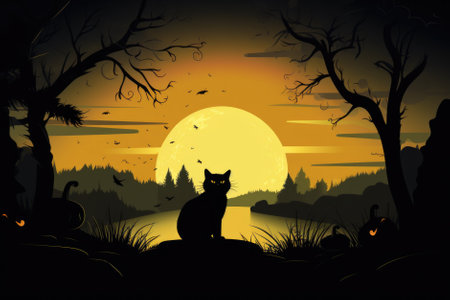 Black cute adorable cat cartoon pet character furry funny mysterious kitty animal at Happy Halloween spooky scary fantasy evil kitten on background. Party invitation promotion. Copy space.の素材