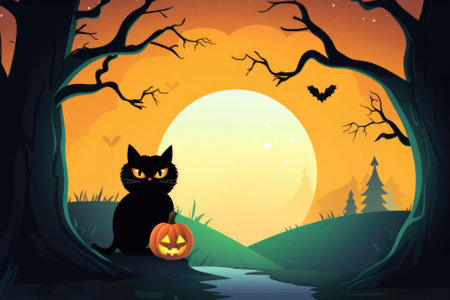 Black cute adorable cat cartoon pet character furry funny mysterious kitty animal at Happy Halloween spooky scary fantasy evil kitten on background. Party invitation promotion. Copy space.の素材