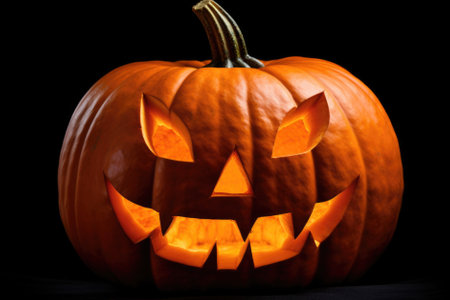 Happy Halloween holiday spooky scary background with jack o lantern carved face decoration pumpkin, Haloween event invitation poster card mysterious backdrop, trick or treat fall party. Copy space.の素材