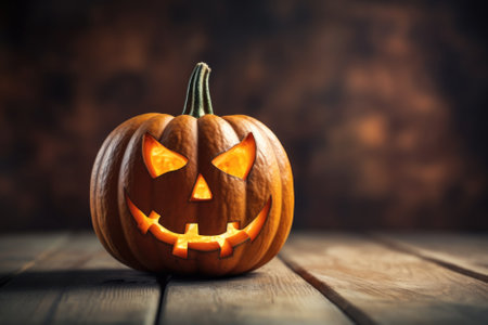 Happy Halloween holiday spooky scary background with jack o lantern carved face decoration pumpkin, Haloween event invitation poster card mysterious backdrop, trick or treat fall party. Copy space.の素材