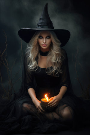 Magic gothic enchanted witch woman evil fairy girl magician wearing dress and hat in Happy Halloween spooky scary fantasy fall scene with full moon creepy horror night light background. Copy space.の素材