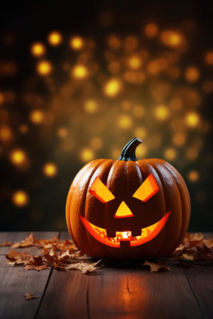 Happy Halloween holiday spooky scary background with jack o lantern carved face decoration pumpkin, Haloween event invitation poster card mysterious backdrop, trick or treat fall party. Copy space.の素材