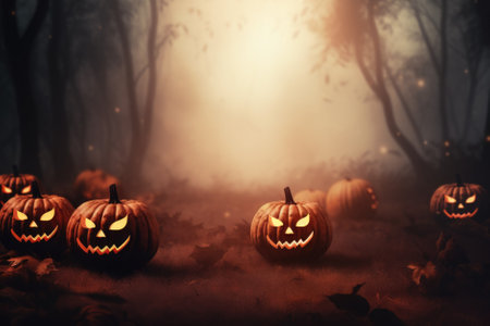 Happy Halloween holiday spooky scary background dark scene, creepy Haloween event invitation poster card mysterious backdrop, trick or treat fall party. Copy space.の素材