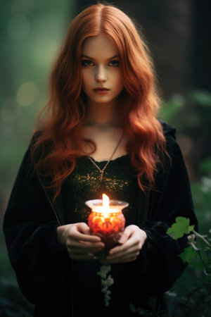 Magic gothic enchanted witch woman evil fairy girl magician wearing dress and hat in Happy Halloween spooky scary fantasy fall scene with full moon creepy horror night light background. Copy space.の素材