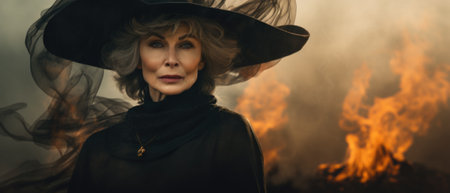 Magic gothic enchanted witch woman evil fairy girl magician wearing dress and hat in Happy Halloween spooky scary fantasy fall scene with full moon creepy horror night light background. Copy space.の素材