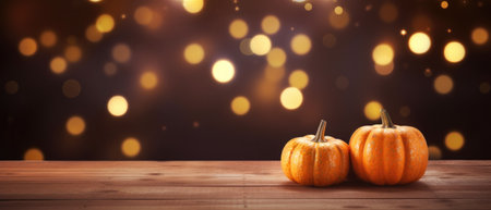 Happy Thanksgiving season celebration traditional pumpkins on decorated wooden table with lights fall background. Halloween decorations wood illuminated autumn cozy backdrop, copy space.の素材