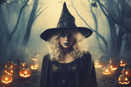 Magic gothic enchanted beautiful witch woman evil fairy girl magician wearing dress and hat in Happy Halloween spooky scary fantasy fall scene with creepy horror night light background. Portrait.の素材