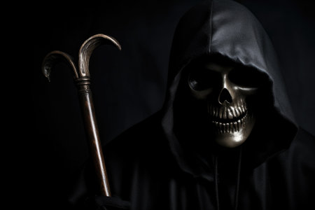 Scary creepy dead grim reaper, spooky death old monster skull face devil ghost gothic nightmare haunted evil hell demon Happy Halloween dark horror graveyard smoke background.の素材