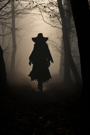 Magic gothic enchanted witch woman evil fairy girl magician character wearing dress and hat in Happy Halloween spooky scary fantasy fall scene with full moon creepy horror night light background.の素材