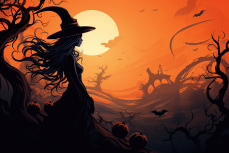 Magic gothic enchanted witch woman evil fairy cartoon character girl wearing dress in Happy Halloween spooky scary fantasy fall scene with full moon creepy horror night light background. Copy space.の素材