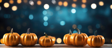 Happy Thanksgiving season celebration traditional pumpkins on decorated wooden table with lights fall background. Halloween decorations wood illuminated autumn cozy backdrop, copy space.の素材