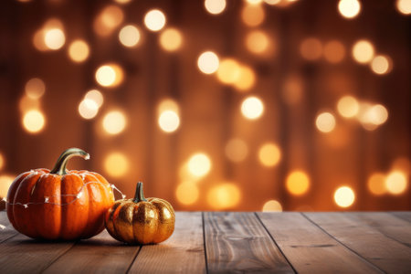 Happy Thanksgiving season celebration traditional pumpkins on decorated wooden table with lights fall background. Halloween decorations wood illuminated autumn cozy backdrop, copy space.の素材