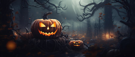 Happy Halloween holiday spooky scary background dark scene, creepy Haloween event invitation poster card mysterious backdrop, trick or treat fall party. Copy space.の素材