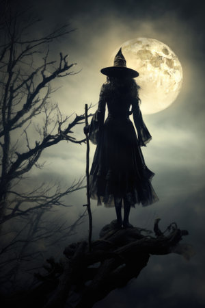 Magic gothic enchanted witch woman evil fairy girl magician character wearing dress and hat in Happy Halloween spooky scary fantasy fall scene with full moon creepy horror night light background.の素材