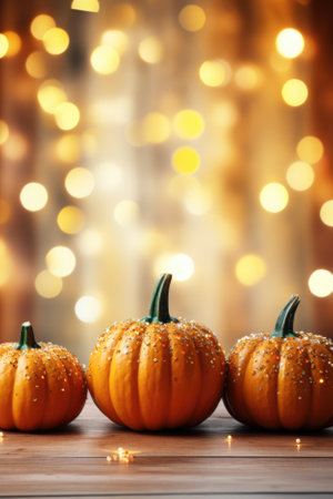 Happy Thanksgiving season celebration traditional pumpkins on decorated wooden table with lights fall background. Halloween decorations wood illuminated autumn cozy backdrop, copy space.の素材