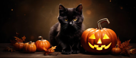 Black cute adorable cat cartoon pet character furry funny mysterious kitty animal at Happy Halloween spooky scary fantasy evil kitten on background. Party invitation promotion. Copy space.の素材