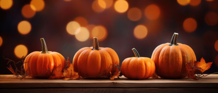 Happy Thanksgiving season celebration traditional pumpkins on decorated wooden table with lights fall background. Halloween decorations wood illuminated autumn cozy backdrop, copy space.の素材