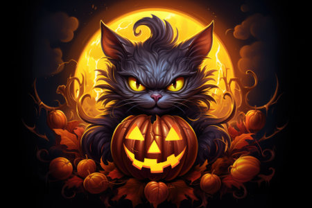 Black cute adorable cat cartoon pet character furry funny mysterious kitty animal at Happy Halloween spooky scary fantasy evil kitten on background. Party invitation promotion. Copy space.の素材