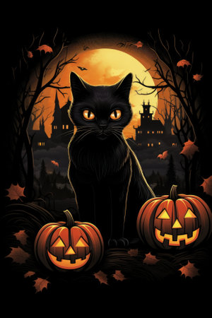 Black cute adorable cat cartoon pet character furry funny mysterious kitty animal at Happy Halloween spooky scary fantasy evil kitten on background. Party invitation promotion. Copy space.の素材