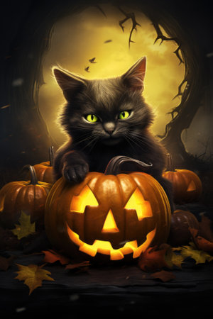 Black cute adorable cat cartoon pet character furry funny mysterious kitty animal at Happy Halloween spooky scary fantasy evil kitten on background. Party invitation promotion. Copy space.の素材