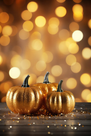 Happy Thanksgiving season celebration traditional pumpkins on decorated wooden table with lights fall background. Halloween decorations wood illuminated autumn cozy backdrop, copy space.の素材