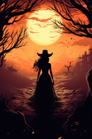 Magic gothic enchanted witch woman evil fairy cartoon character girl wearing dress in Happy Halloween spooky scary fantasy fall scene with full moon creepy horror night light background. Copy space.の素材