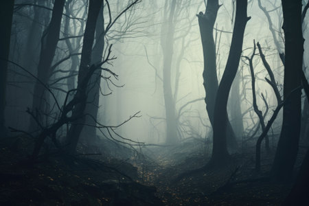 Misty spooky forest background, gloomy trees in scary horror foggy woods Happy Halloween dark night creepy nature mist fantasy atmosphere mystery dramatic landscape fall nightmare scenery. Copy spaceの素材
