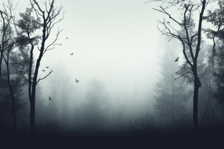 Misty spooky forest background, gloomy trees in scary horror foggy woods Happy Halloween dark night creepy nature mist fantasy atmosphere mystery dramatic landscape fall nightmare scenery. Copy spaceの素材