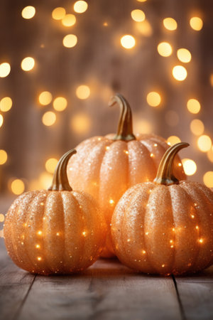 Happy Thanksgiving season celebration traditional pumpkins on decorated wooden table with lights fall background. Halloween decorations wood illuminated autumn cozy backdrop, copy space.の素材